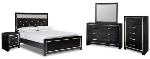 Kaydell Queen Upholstered Panel Bed with Mirrored Dresser, Chest and Nightstand Huntsville Furniture Outlet