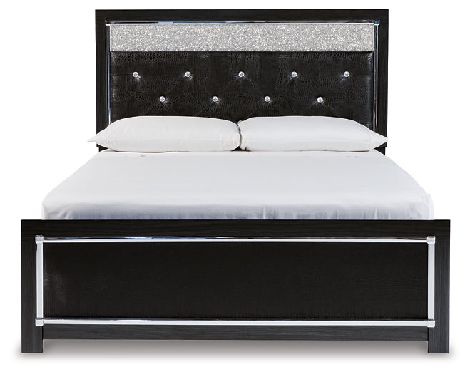 Kaydell Queen Upholstered Panel Bed with Mirrored Dresser and 2 Nightstands Huntsville Furniture Outlet