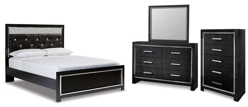 Kaydell Queen Upholstered Panel Bed with Mirrored Dresser and Chest Huntsville Furniture Outlet