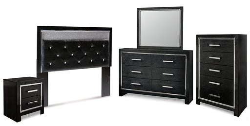 Kaydell Queen Upholstered Panel Headboard with Mirrored Dresser, Chest and Nightstand Huntsville Furniture Outlet