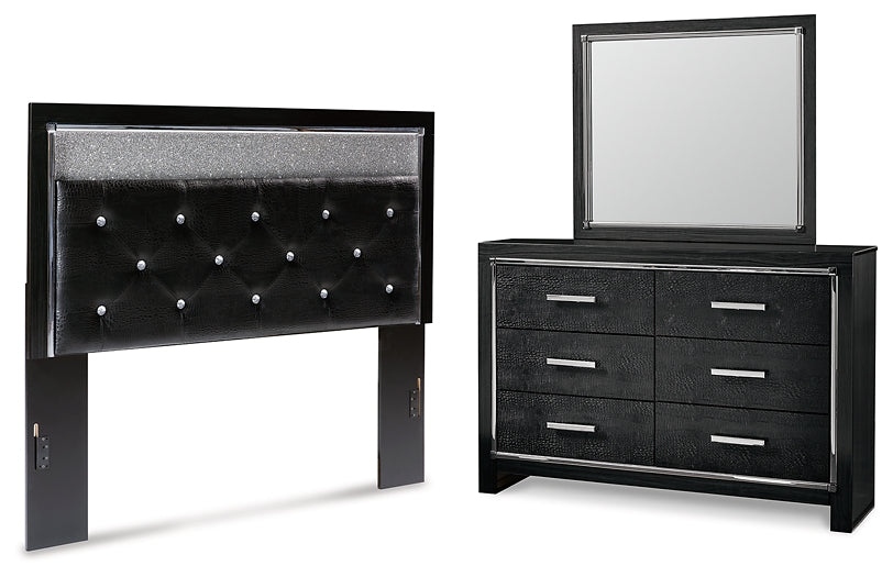 Kaydell Queen Upholstered Panel Headboard with Mirrored Dresser Huntsville Furniture Outlet