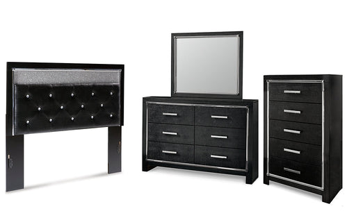 Kaydell Queen Upholstered Panel Headboard with Mirrored Dresser and Chest Huntsville Furniture Outlet