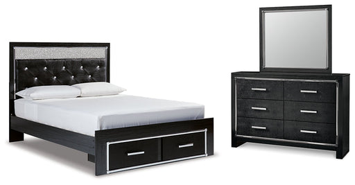 Kaydell Queen Upholstered Panel Storage Bed with Mirrored Dresser Huntsville Furniture Outlet