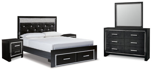 Kaydell Queen Upholstered Panel Storage Bed with Mirrored Dresser and 2 Nightstands Huntsville Furniture Outlet