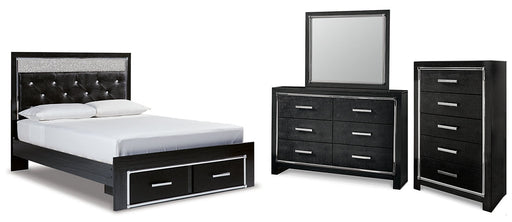 Kaydell Queen Upholstered Panel Storage Bed with Mirrored Dresser and Chest Huntsville Furniture Outlet