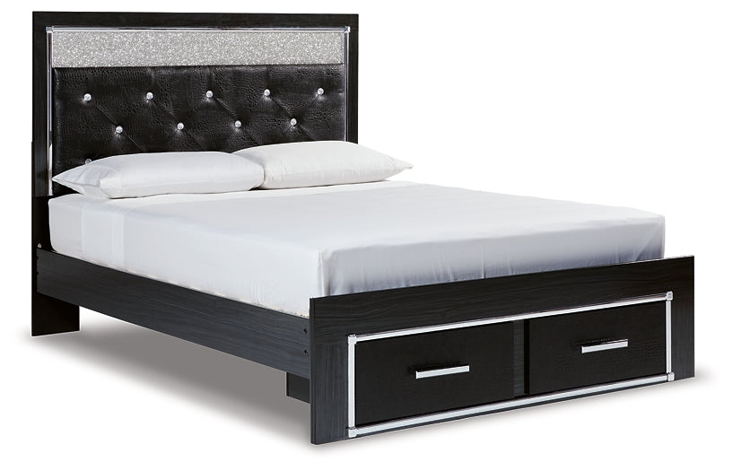 Kaydell Queen Upholstered Panel Storage Bed with Mirrored Dresser and Chest Huntsville Furniture Outlet