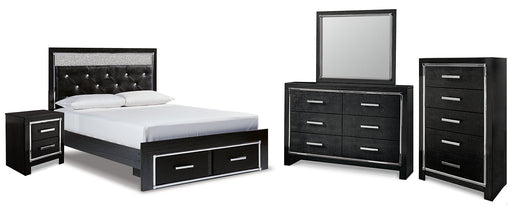 Kaydell Queen Upholstered Panel Storage Platform Bed with Mirrored Dresser, Chest and Nightstand Huntsville Furniture Outlet