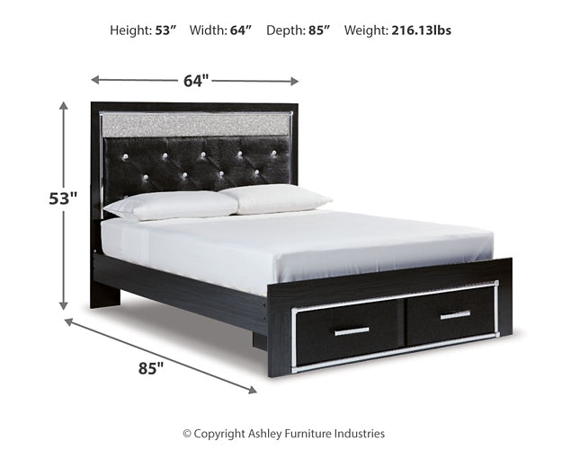 Kaydell Queen Upholstered Panel Storage Platform Bed with Mirrored Dresser and Chest Huntsville Furniture Outlet