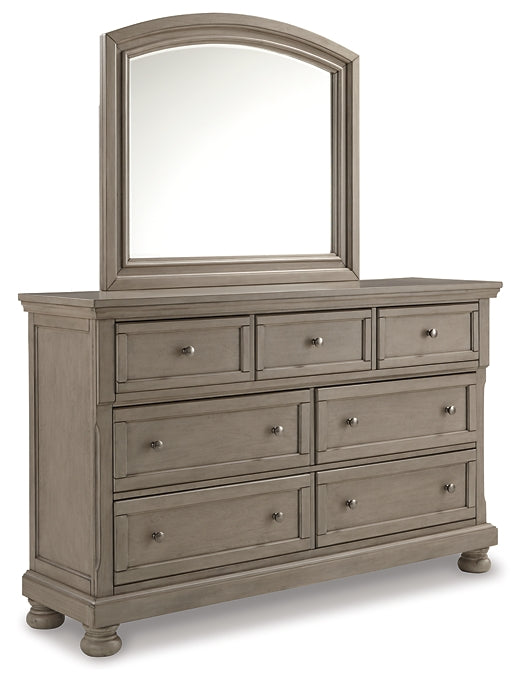 Lettner California King Panel Bed with Mirrored Dresser, Chest and 2 Nightstands Huntsville Furniture Outlet