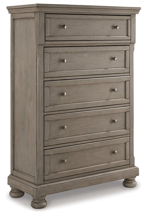 Lettner California King Panel Bed with Mirrored Dresser, Chest and 2 Nightstands Huntsville Furniture Outlet