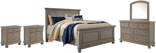 Lettner California King Panel Bed with Mirrored Dresser and 2 Nightstands Huntsville Furniture Outlet