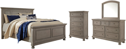 Lettner California King Panel Bed with Mirrored Dresser and Chest Huntsville Furniture Outlet