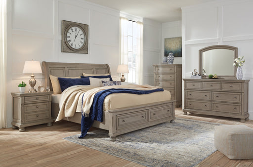 Lettner California King Sleigh Bed with Mirrored Dresser, Chest and Nightstand Huntsville Furniture Outlet