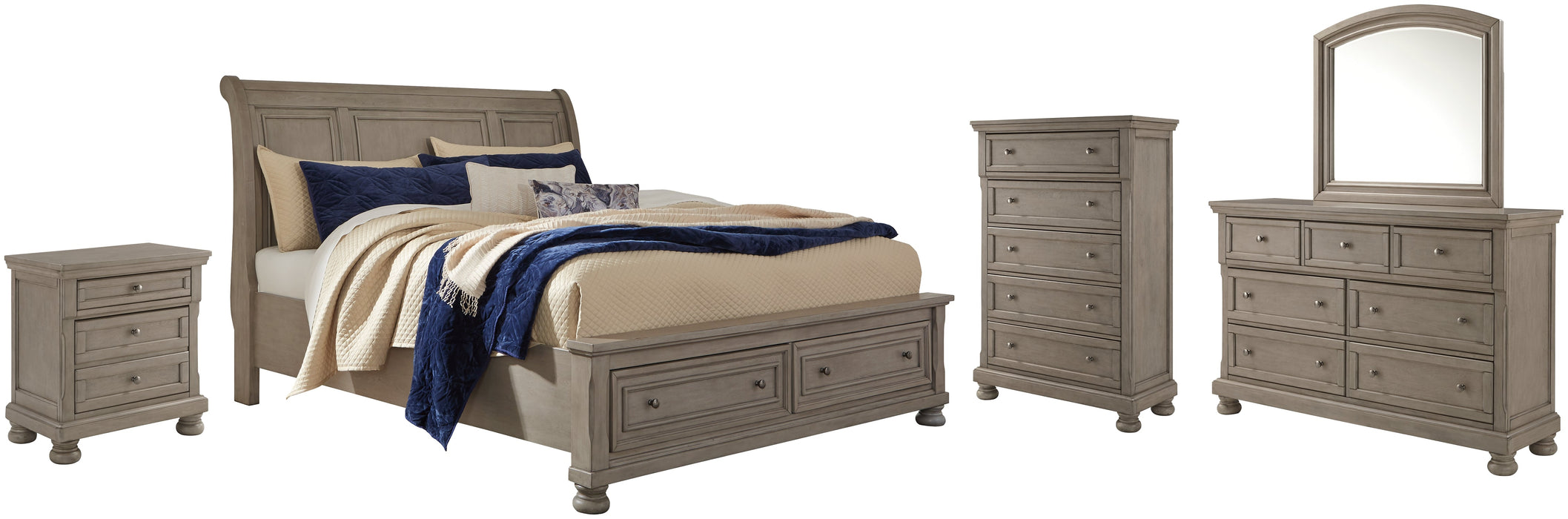 Lettner California King Sleigh Bed with Mirrored Dresser, Chest and Nightstand Huntsville Furniture Outlet