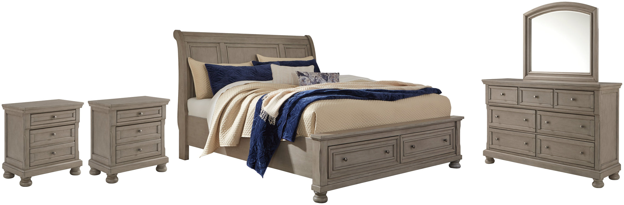 Lettner California King Sleigh Bed with Mirrored Dresser and 2 Nightstands Huntsville Furniture Outlet