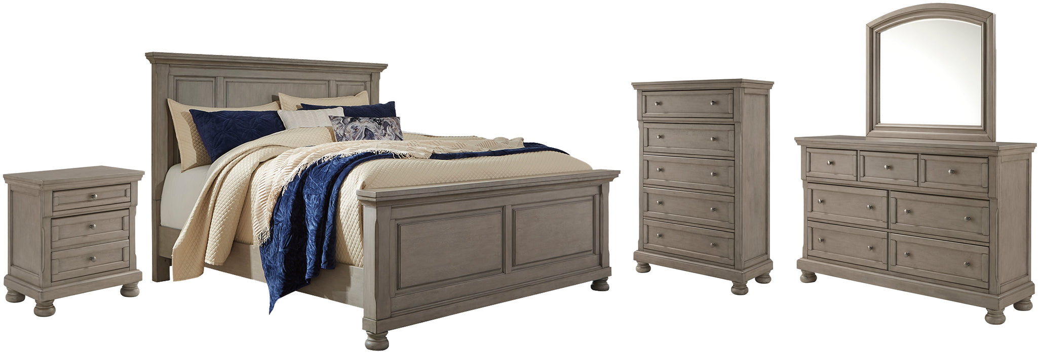 Lettner King Panel Bed with Mirrored Dresser, Chest and Nightstand Huntsville Furniture Outlet