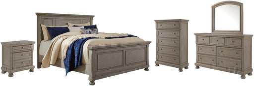 Lettner King Panel Bed with Mirrored Dresser, Chest and Nightstand Huntsville Furniture Outlet