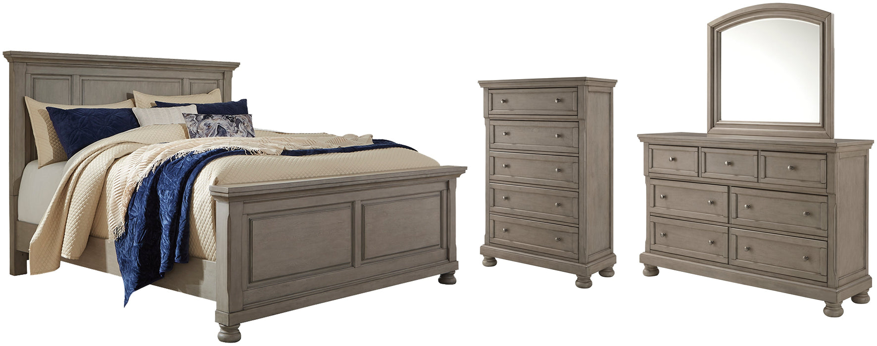 Lettner King Panel Bed with Mirrored Dresser and Chest Huntsville Furniture Outlet