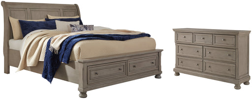 Lettner King Sleigh Bed with 2 Storage Drawers with Dresser Huntsville Furniture Outlet