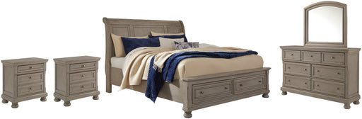 Lettner King Sleigh Bed with 2 Storage Drawers with Mirrored Dresser and 2 Nightstands Huntsville Furniture Outlet