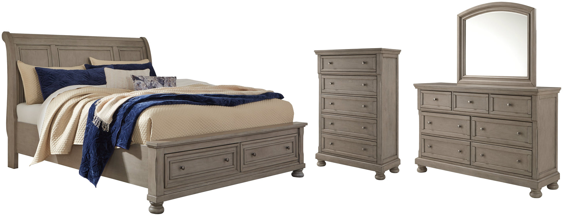 Lettner King Sleigh Bed with 2 Storage Drawers with Mirrored Dresser and Chest Huntsville Furniture Outlet