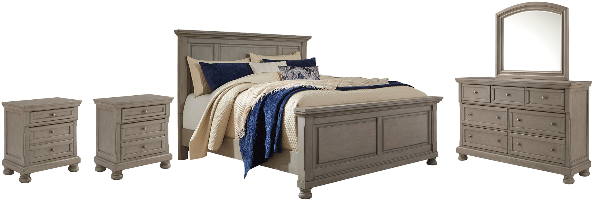 Lettner Queen Panel Bed with Mirrored Dresser and 2 Nightstands Huntsville Furniture Outlet