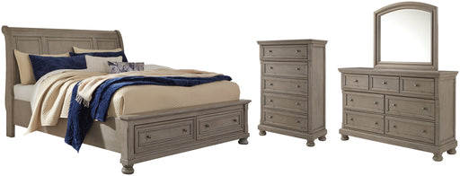 Lettner Queen Sleigh Bed with 2 Storage Drawers with Mirrored Dresser and Chest Huntsville Furniture Outlet