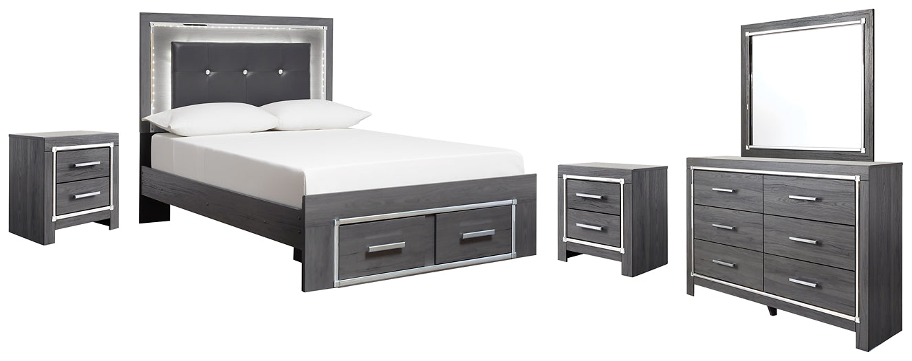 Lodanna Full Panel Bed with 2 Storage Drawers with Mirrored Dresser and 2 Nightstands Huntsville Furniture Outlet