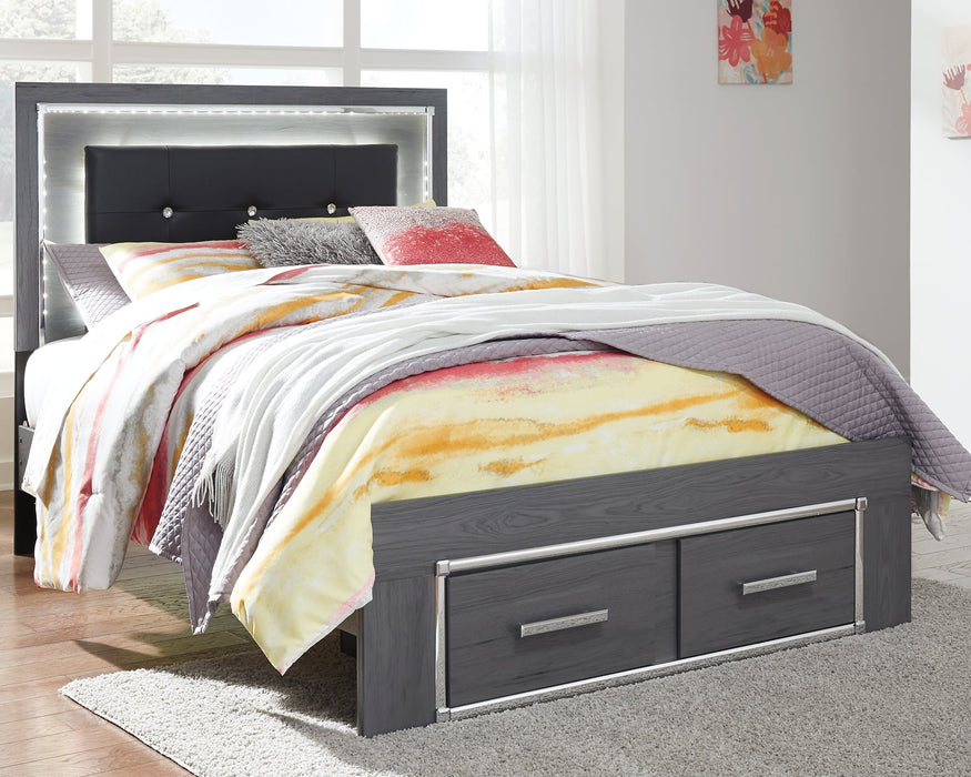 Lodanna Full Panel Bed with 2 Storage Drawers with Mirrored Dresser and Chest Huntsville Furniture Outlet