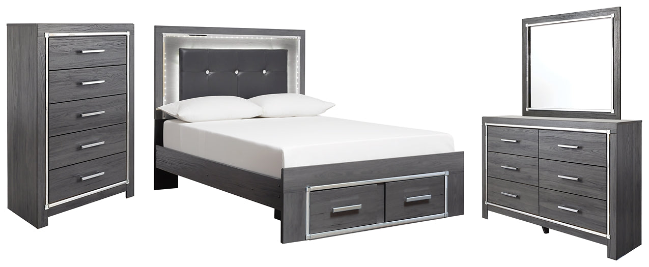 Lodanna Full Panel Bed with 2 Storage Drawers with Mirrored Dresser and Chest Huntsville Furniture Outlet