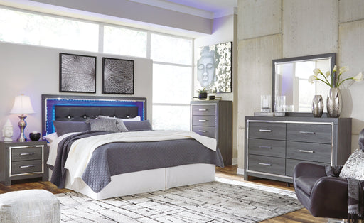 Lodanna King/California King Upholstered Panel Headboard with Mirrored Dresser and 2 Nightstands Huntsville Furniture Outlet