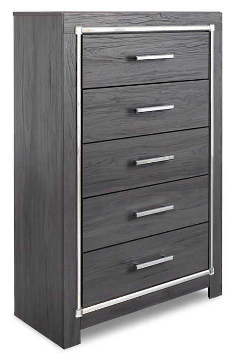 Lodanna King Panel Bed with 2 Storage Drawers with Mirrored Dresser, Chest and 2 Nightstands Huntsville Furniture Outlet