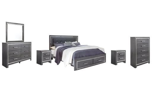 Lodanna King Panel Bed with 2 Storage Drawers with Mirrored Dresser, Chest and 2 Nightstands Huntsville Furniture Outlet