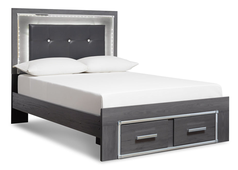 Lodanna King Panel Bed with 2 Storage Drawers with Mirrored Dresser, Chest and 2 Nightstands Huntsville Furniture Outlet