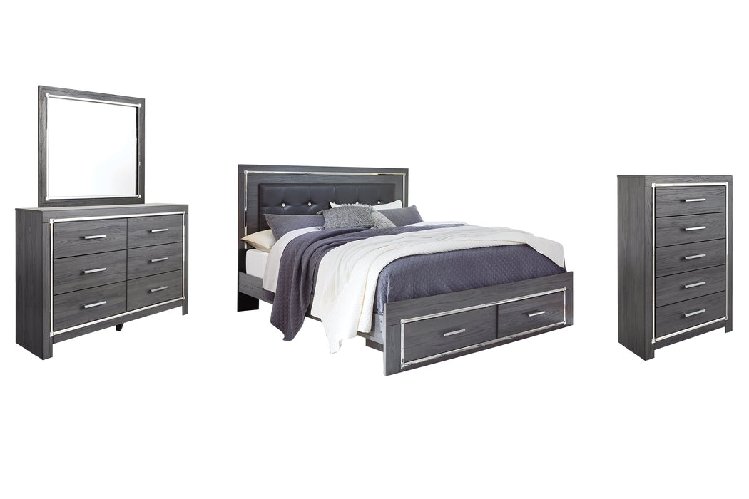 Lodanna King Panel Bed with 2 Storage Drawers with Mirrored Dresser, Chest and Nightstand Huntsville Furniture Outlet