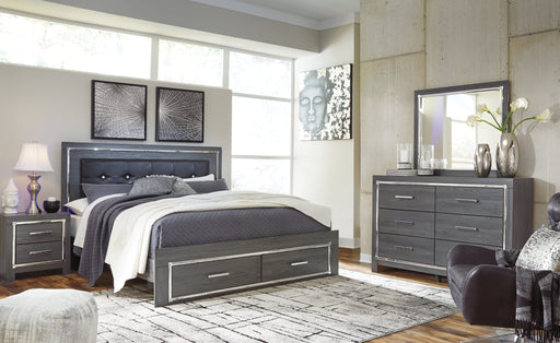 Lodanna King Panel Bed with 2 Storage Drawers with Mirrored Dresser, Chest and Nightstand Huntsville Furniture Outlet