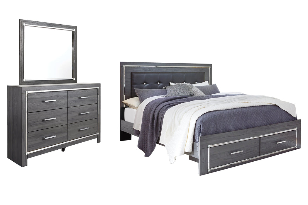 Lodanna King Panel Bed with 2 Storage Drawers with Mirrored Dresser Huntsville Furniture Outlet