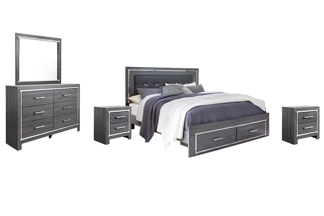 Lodanna King Panel Bed with 2 Storage Drawers with Mirrored Dresser and 2 Nightstands Huntsville Furniture Outlet