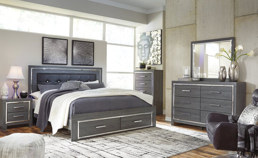 Lodanna King Panel Bed with 2 Storage Drawers with Mirrored Dresser and 2 Nightstands Huntsville Furniture Outlet