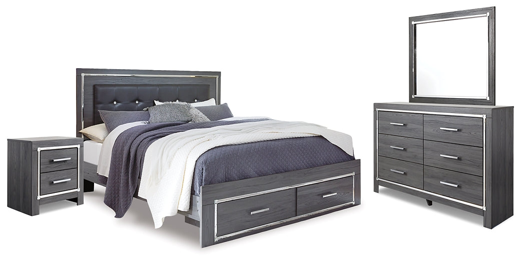 Lodanna King Panel Bed with 2 Storage Drawers with Mirrored Dresser and Nightstand Huntsville Furniture Outlet