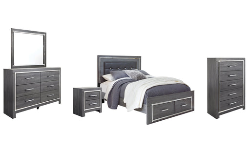 Lodanna Queen Panel Bed with 2 Storage Drawers with Mirrored Dresser, Chest and Nightstand Huntsville Furniture Outlet