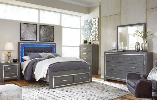 Lodanna Queen Panel Bed with 2 Storage Drawers with Mirrored Dresser and 2 Nightstands Huntsville Furniture Outlet