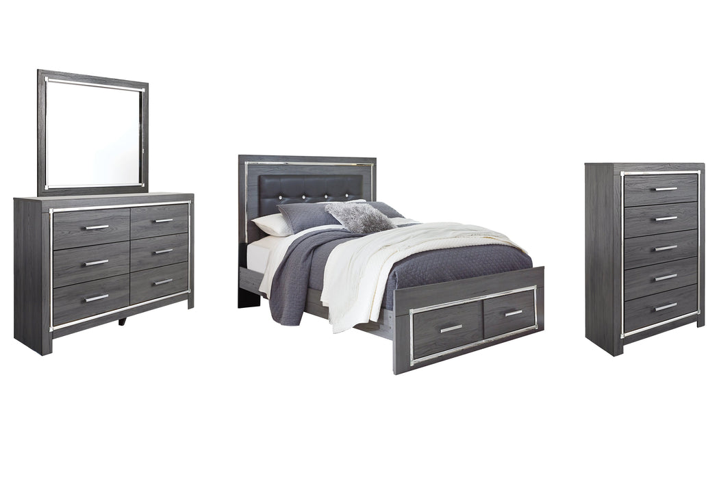 Lodanna Queen Panel Bed with 2 Storage Drawers with Mirrored Dresser and 2 Nightstands Huntsville Furniture Outlet