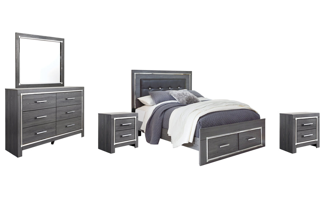 Lodanna Queen Panel Bed with 2 Storage Drawers with Mirrored Dresser and 2 Nightstands Huntsville Furniture Outlet