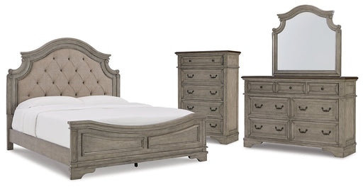 Lodenbay California King Panel Bed with Mirrored Dresser and Chest Huntsville Furniture Outlet