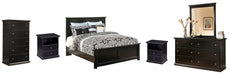 Maribel Queen Panel Bed with Mirrored Dresser, Chest and 2 Nightstands Huntsville Furniture Outlet