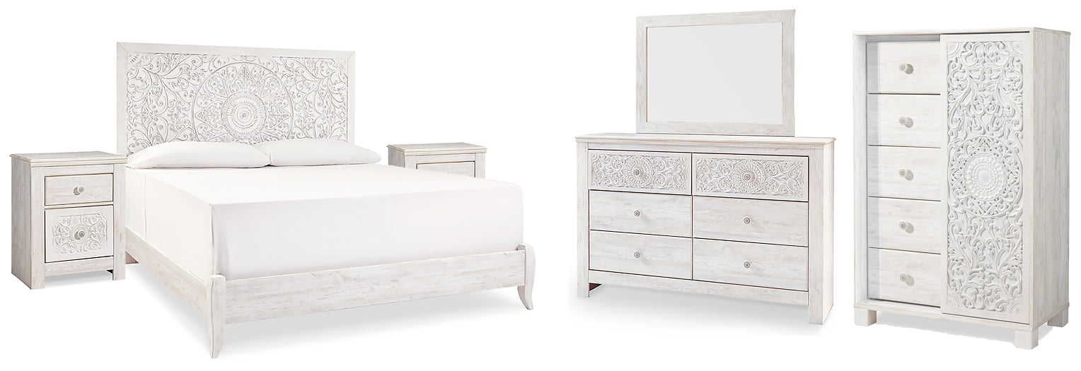 Paxberry King Panel Bed with Mirrored Dresser, Chest and 2 Nightstands Huntsville Furniture Outlet