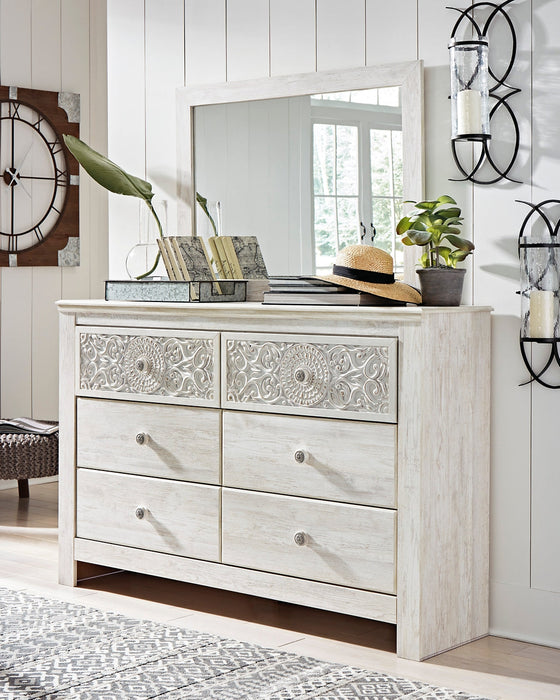 Paxberry King Panel Bed with Mirrored Dresser, Chest and 2 Nightstands Huntsville Furniture Outlet