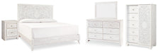 Paxberry King Panel Bed with Mirrored Dresser, Chest and Nightstand Huntsville Furniture Outlet