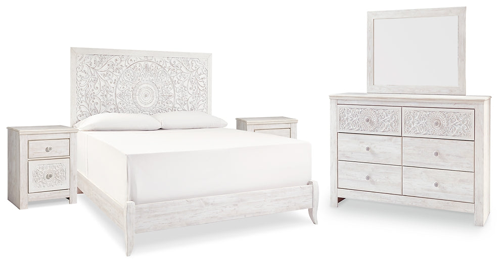 Paxberry King Panel Bed with Mirrored Dresser and 2 Nightstands Huntsville Furniture Outlet